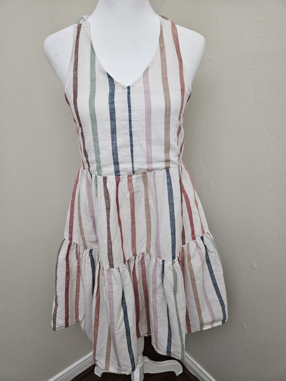American Eagle Outfitters White Dress with Pink, Blue and Brown Stripes Size M